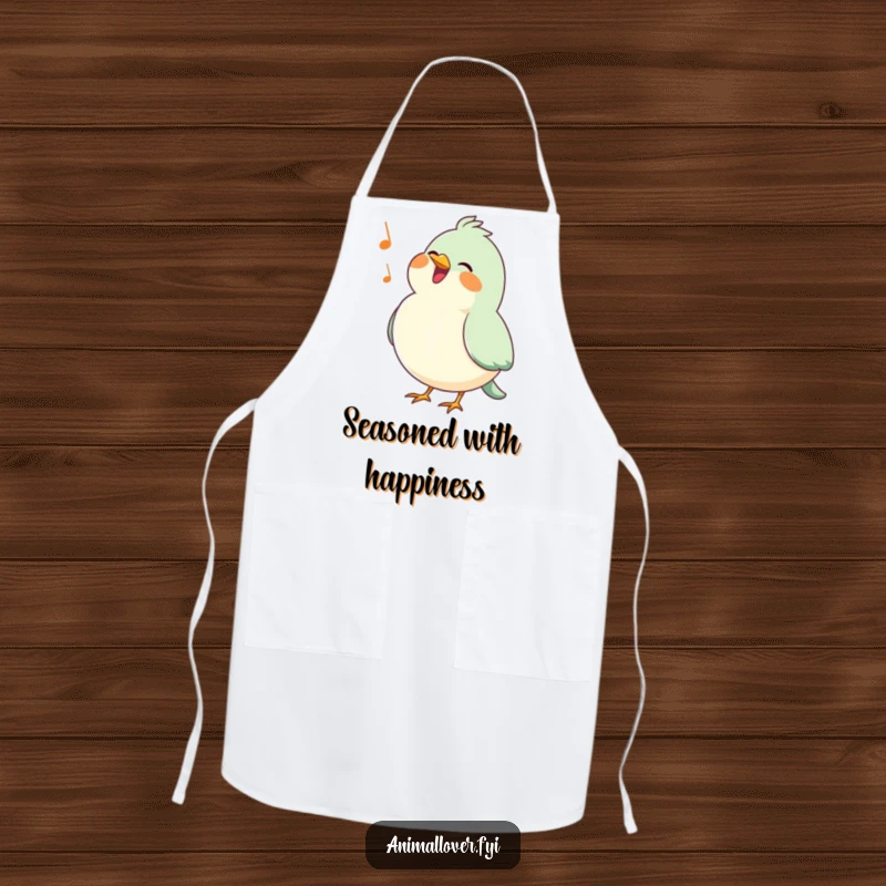 Funny bird apron with a happy, puffed-chested bird singing a cheerful tune, ideal for a joyful and humorous cooking experience.