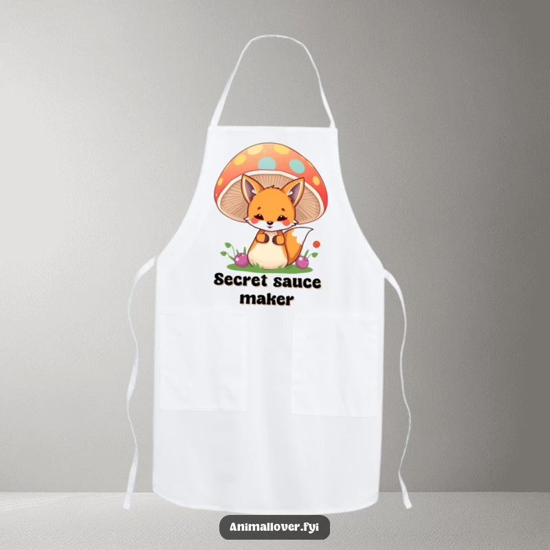 Funny fox apron featuring a playful fox peeking from behind a mushroom, ideal for gardeners and cooks who love whimsical designs.