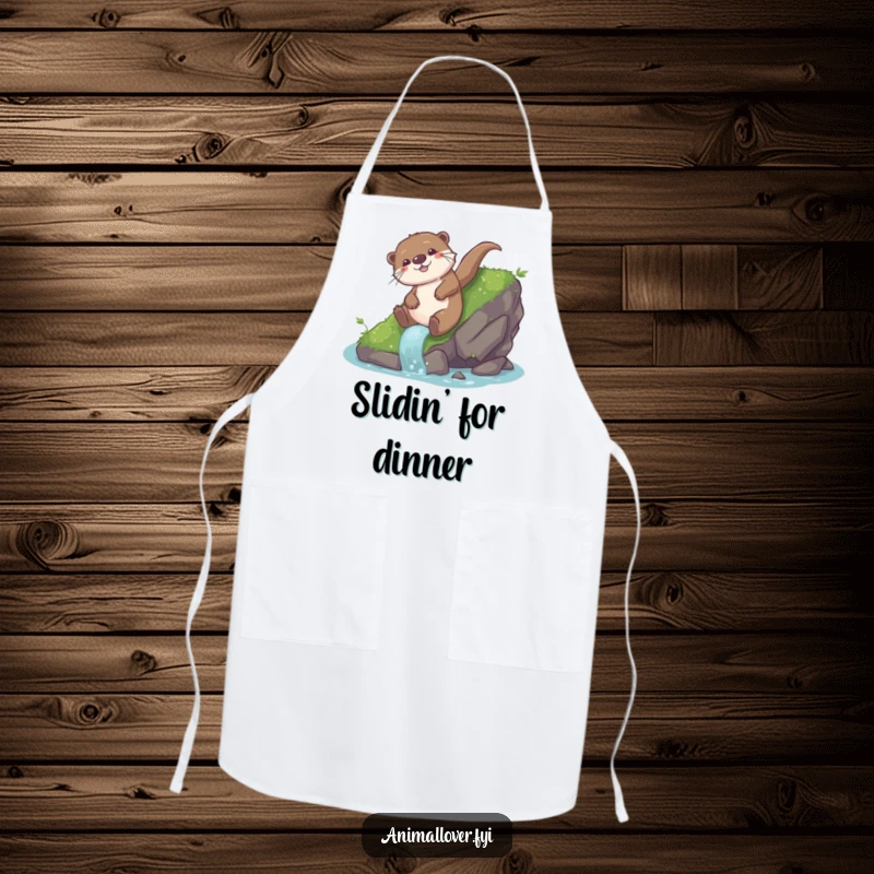 Funny otter apron showing a playful otter sliding down a mossy rock with glee, ideal for joyful cooking.