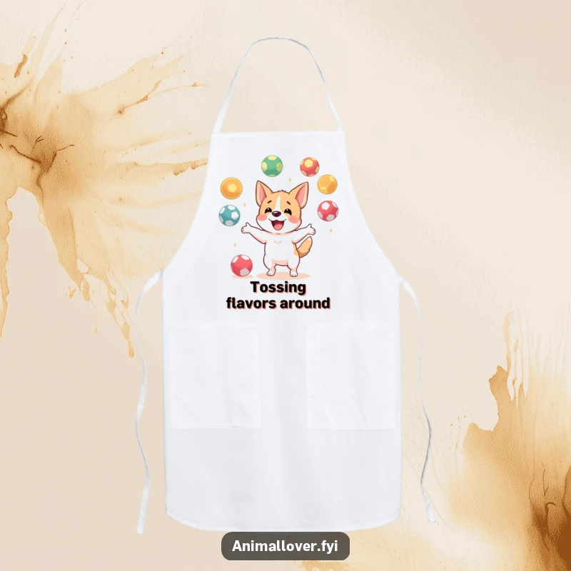 Funny apron with a happy dog character juggling multiple balls, ready to add playful energy to any culinary creation.