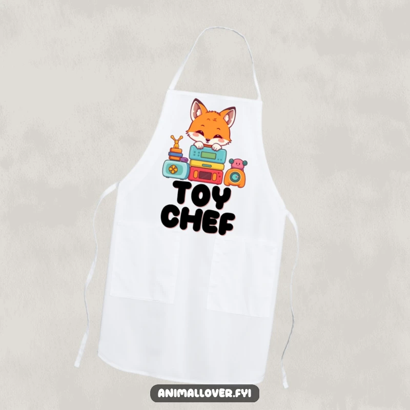 Funny apron adorned with a cute fox peeking from behind a colorful stack of toys, offering protection with a dose of playful humor.
