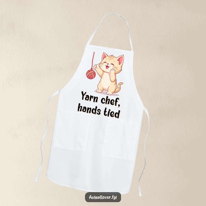 Funny apron with a kitten playfully attacking yarn, ideal for adding humor to cooking. An amusing kitchen accessory.