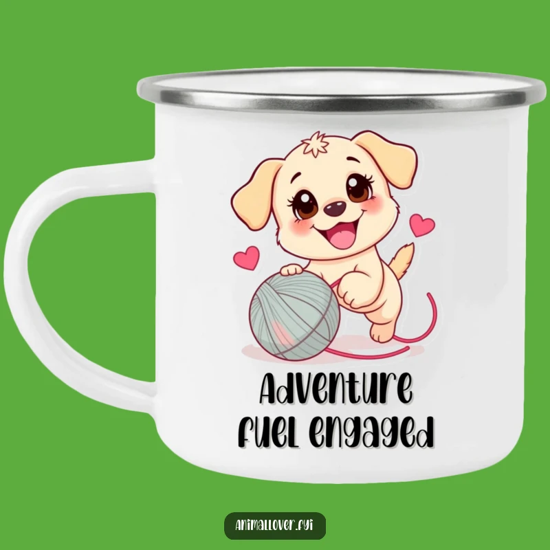 Funny Puppy Yarn Ball Camping Mug: Adventure Ready Pup Art - Outdoor Gift