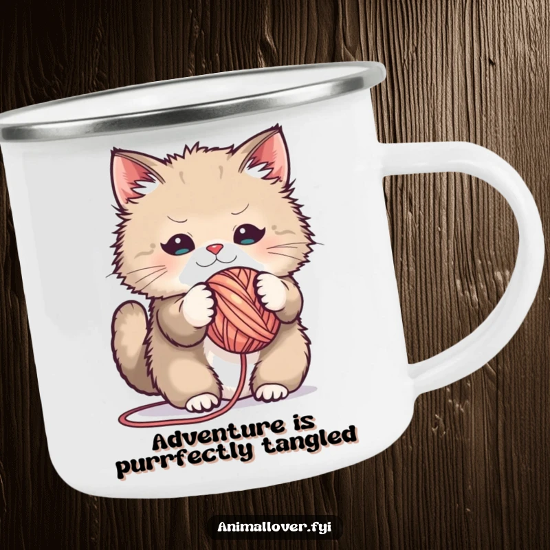 Funny camping mug illustration of a fluffy cat playfully tangled in yarn, ideal for outdoor enthusiasts.