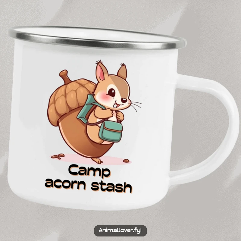 Funny camping mug featuring a cheeky squirrel with a tiny backpack, climbing an oversized acorn in the wild.