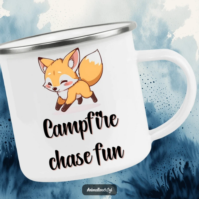 Funny mischievous fox cub chasing its tail on a camping mug, ideal for outdoor sips with a playful and cheerful spirit.