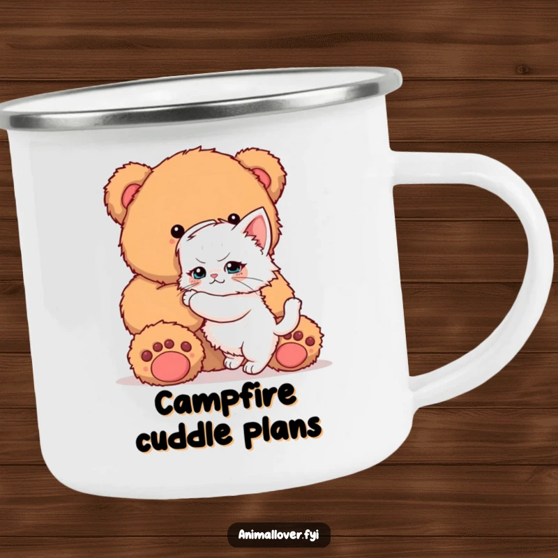 Funny Kitten Camping Mug: Enamel mug with a determined kitten trying to hug an oversized teddy bear, perfect for outdoors.