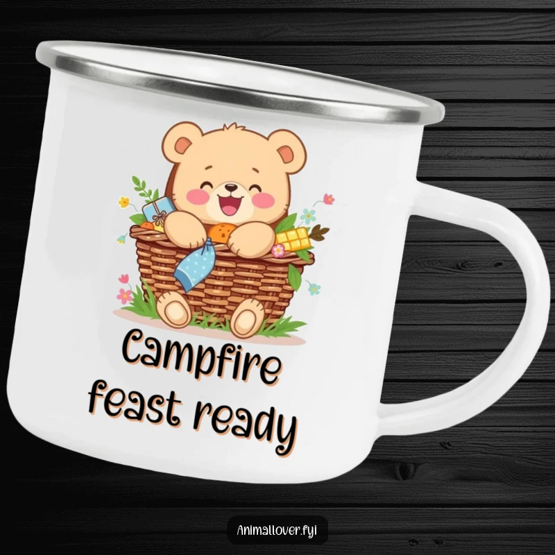 Funny camping mug with a joyful bear cub hugging an overflowing picnic basket, great for outdoors.