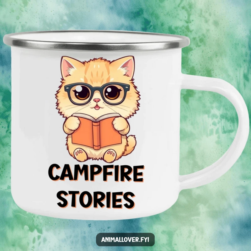 Funny Camping Mug illustration of a fluffy cat in glasses holding a book upside down, ready for outdoor reading.