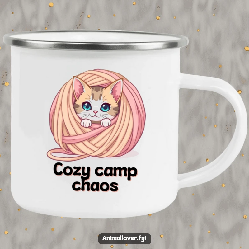 Funny curious cat camping mug peeking from behind an oversized ball of yarn, ideal for drinks with feline mystery.