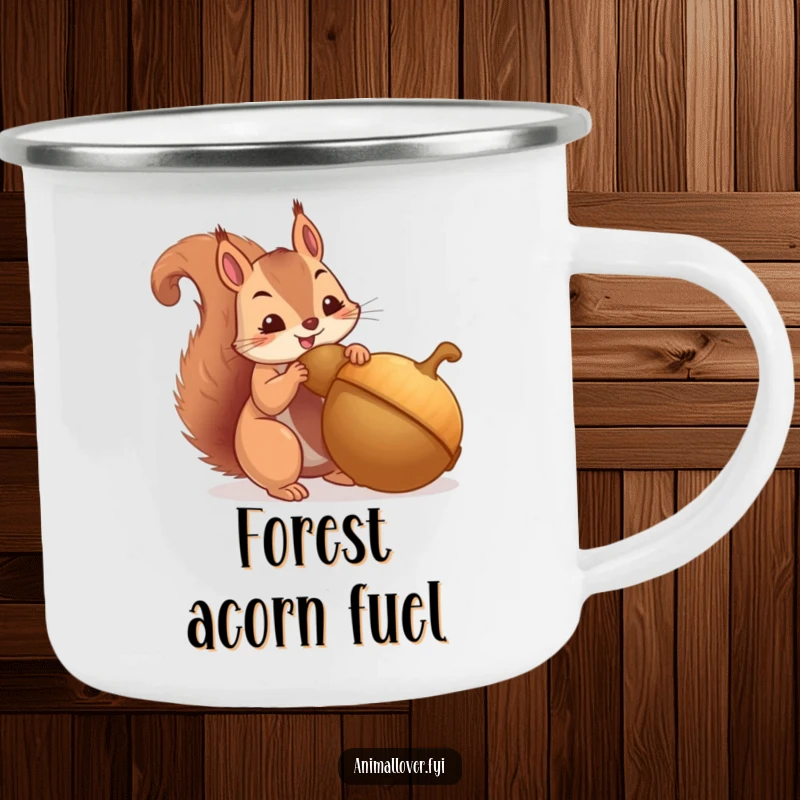 Funny camping mug with a squirrel hoarding a huge acorn, perfect for outdoor enthusiasts. A humorous and durable mug.