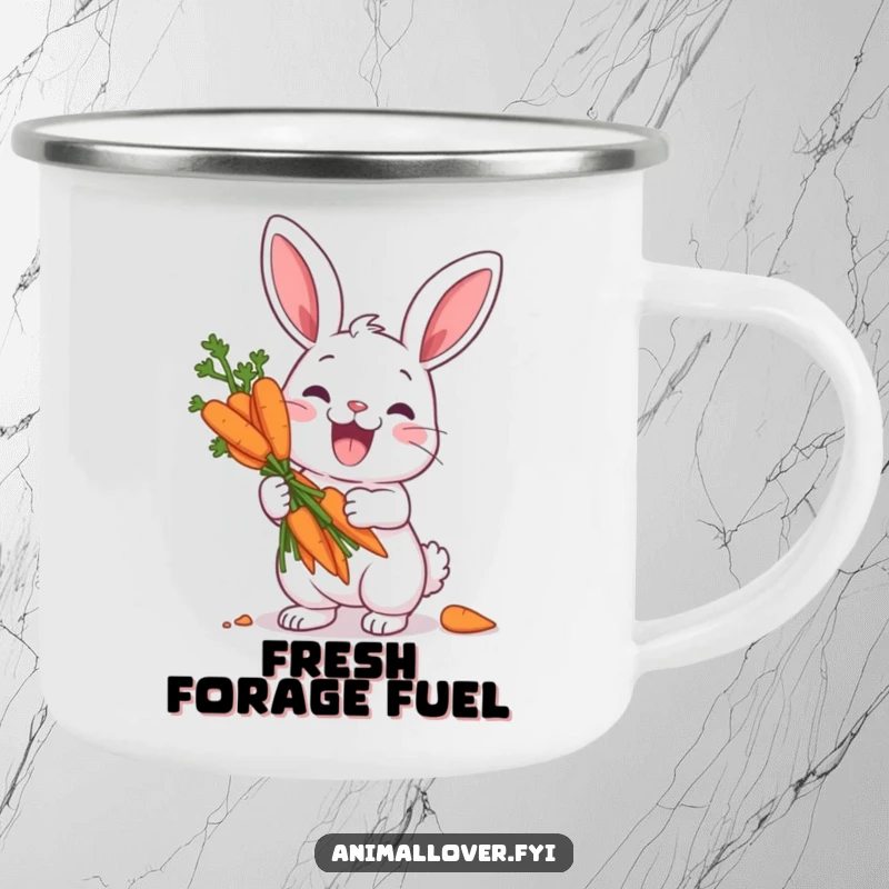 Funny camping mug showing a jubilant rabbit character holding a huge bouquet of carrots as if they were the most valuable treasure in the wilderness.