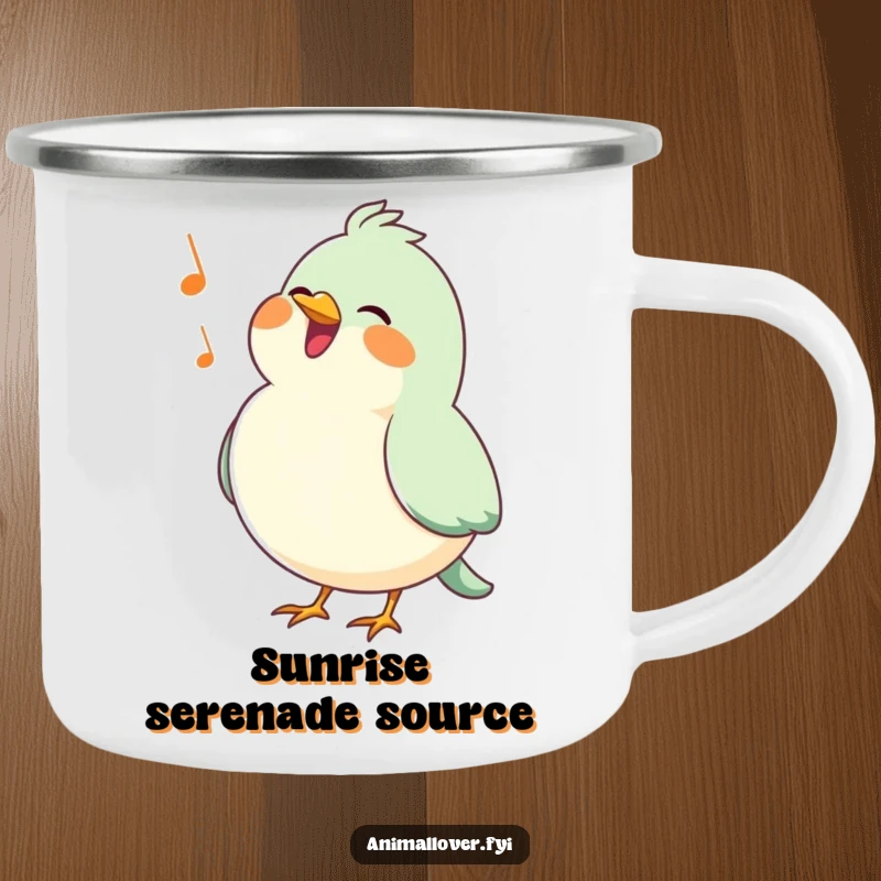 Funny bird camping mug with a happy, puffed-chested bird singing a cheerful tune, ideal for enjoying drinks outdoors.