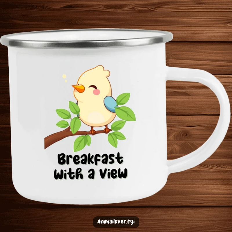 Funny Bird Camping Mug depicting a happy bird chirping on a branch, bringing a cheerful melody to the wilderness.