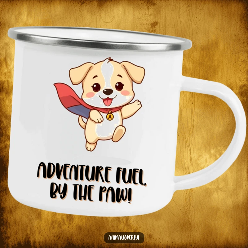 Funny camping mug illustration of a brave puppy in a superhero cape, jumping with energy, for outdoor fun.