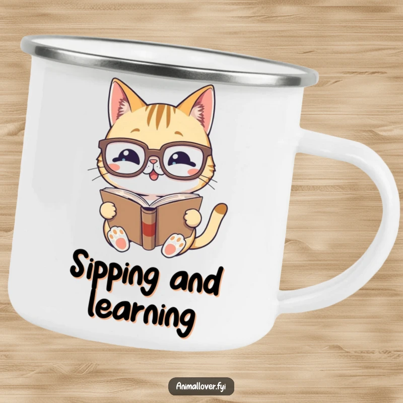 Funny, durable camping mug featuring a gleeful cat wearing glasses, reading a book, designed for outdoor enthusiasts.