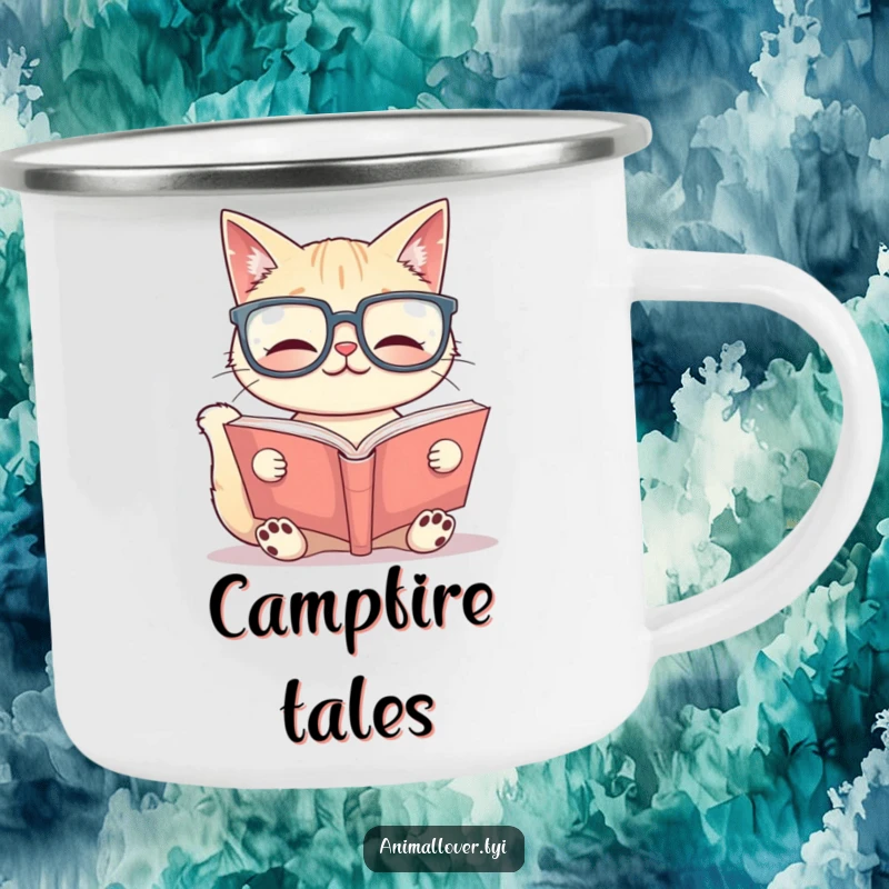 Funny Camping Mug: A cat in oversized glasses reads a large book, perfect for sipping warm drinks during intellectual outdoor moments.