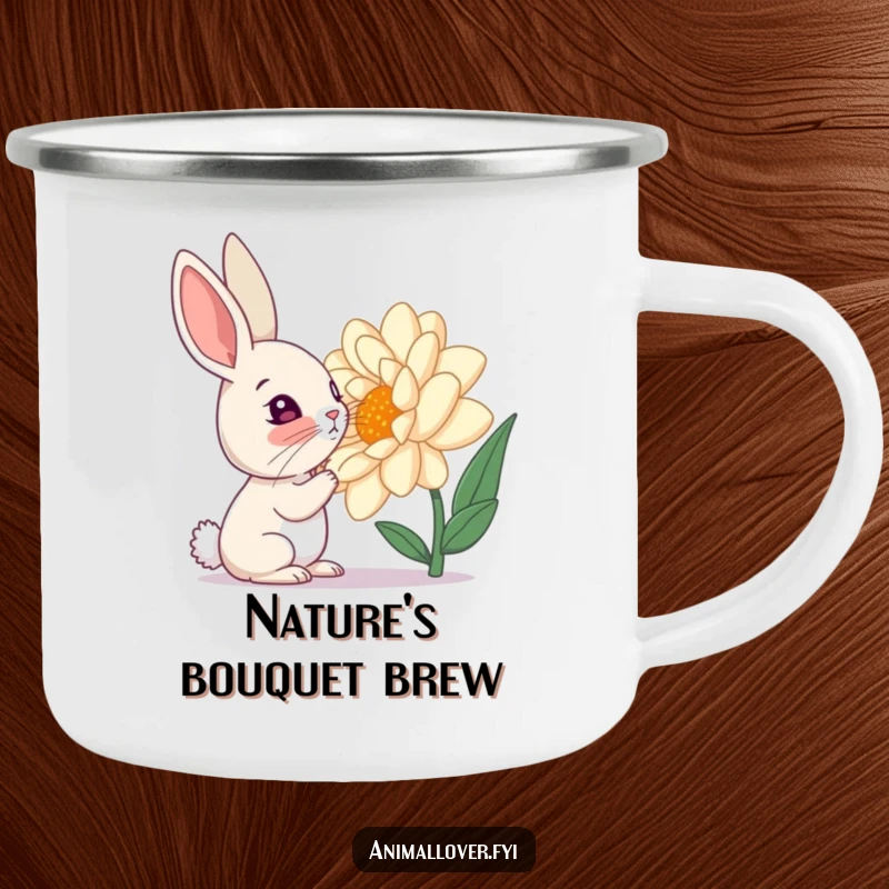Funny camping mug illustration of a curious rabbit sniffing a giant flower, for nature lovers.