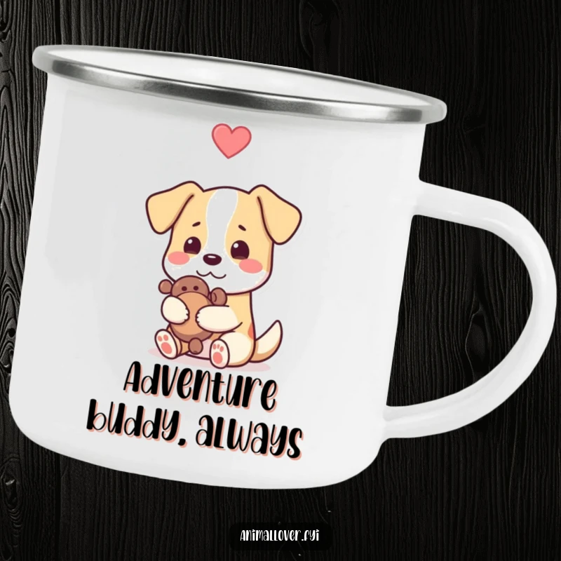 Funny dog camping mug with a dog hugging a toy and a heart, commemorating outdoor fun and pet companionship humorously.