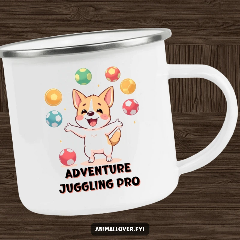 Funny enamel camping mug showing a happy dog character energetically juggling several balls, ideal for enjoying drinks during outdoor adventures.