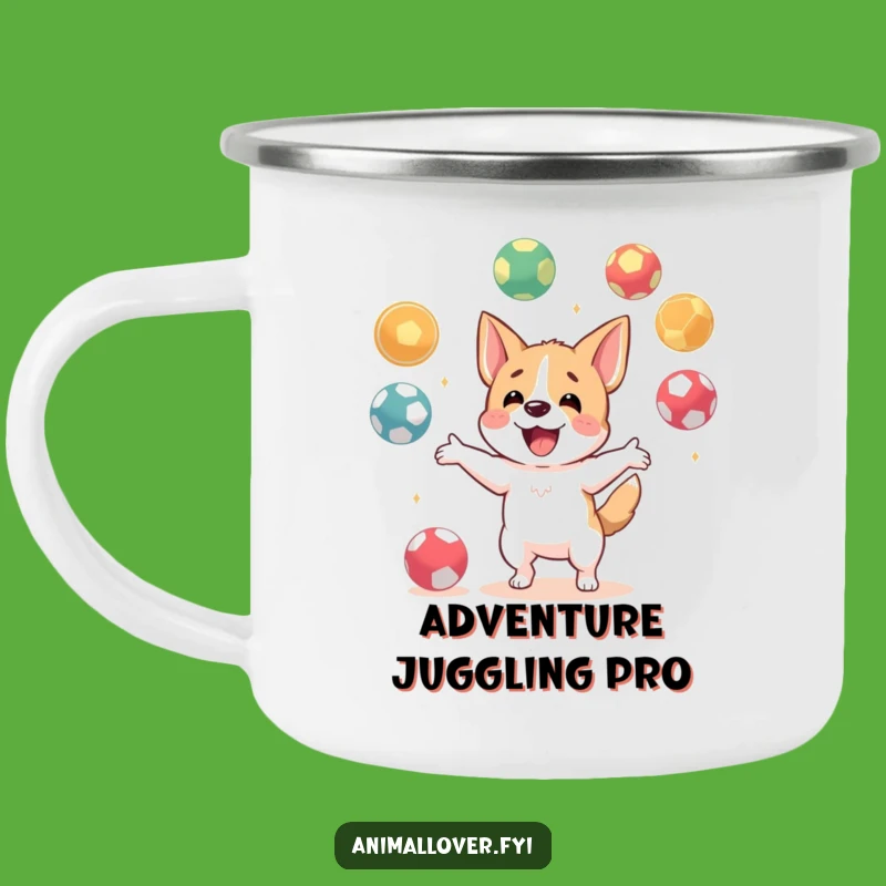 Funny Dog Juggling Enamel Mug: Sip & Smile on Your Adventures!