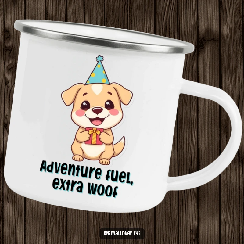 Funny dog camping mug showing a happy dog with a party hat and gift, for outdoor adventures and humorous enjoyment.
