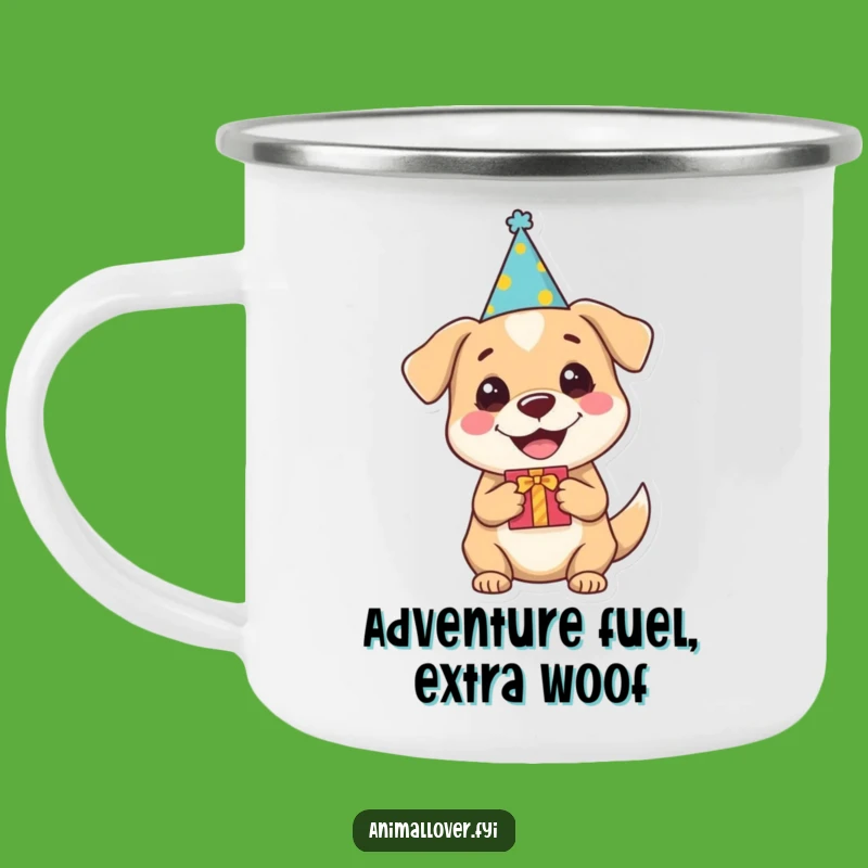 Funny Dog Party Camping Mug: Gift-Holding Pup in Hat, Rugged & Hilarious Drinkware