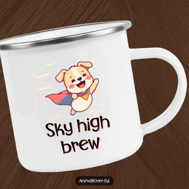 Funny camping mug with a happy dog in a cape flying through clouds, ideal for outdoor enthusiasts.