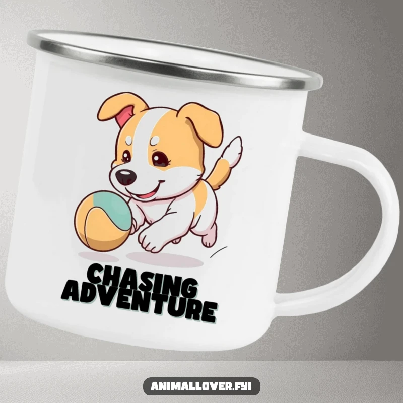 Funny dog camping mug depicting a cartoon dog character intensely focused on chasing a bouncing ball, for outdoor use.