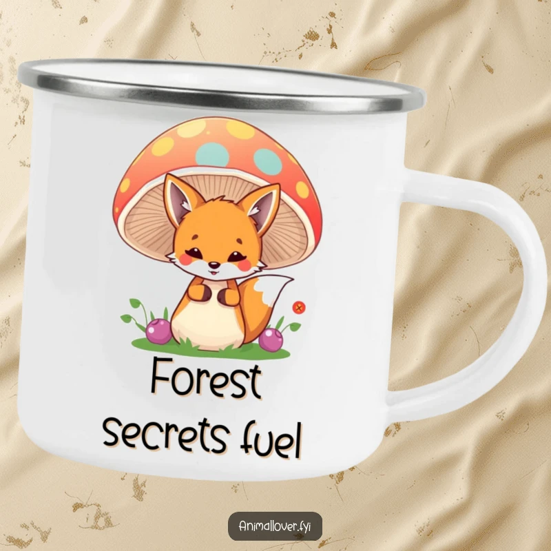 Funny fox camping mug depicting a playful creature peeking from behind a mushroom, perfect for nature lovers on the go.