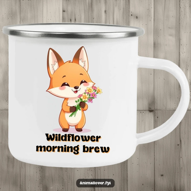 Funny camping mug with a cheerful fox holding flowers, perfect for outdoor enthusiasts. A charming and durable mug.