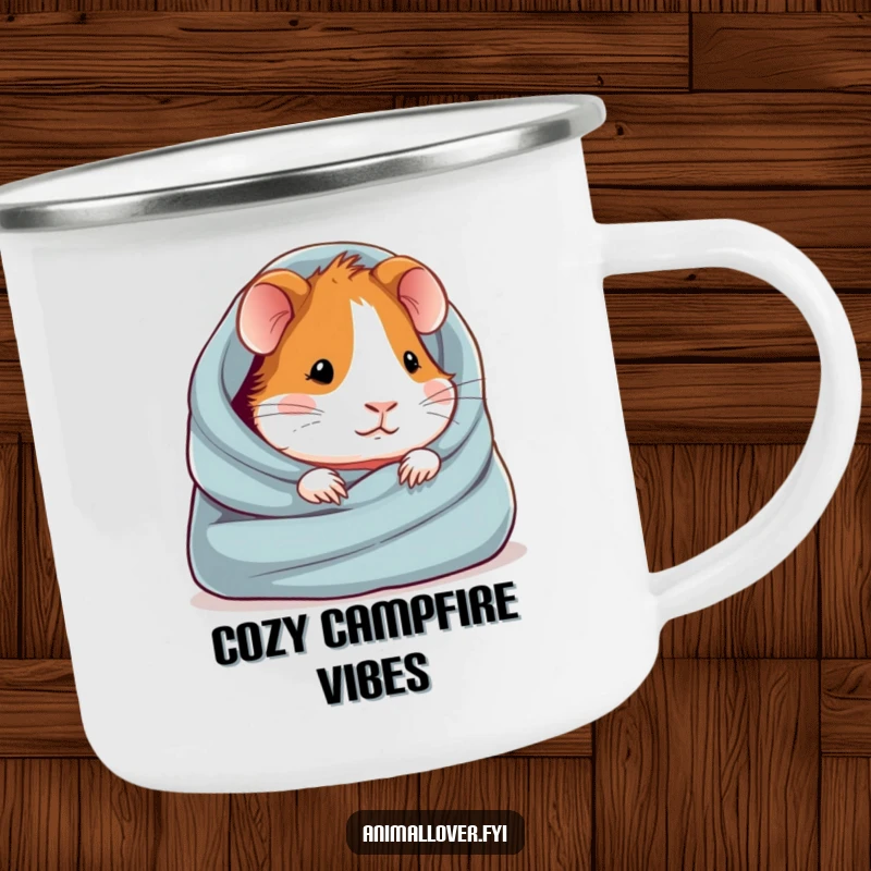 Funny camping mug featuring a cozy guinea pig snuggled in a blanket, perfect for enjoying drinks on the go.