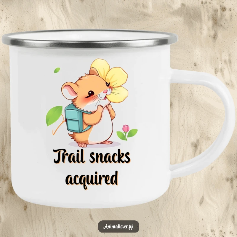 Funny Hamster Camping Mug: Enamel mug with a curious hamster wearing a backpack sniffing a large, vibrant flower, perfect for outdoors.