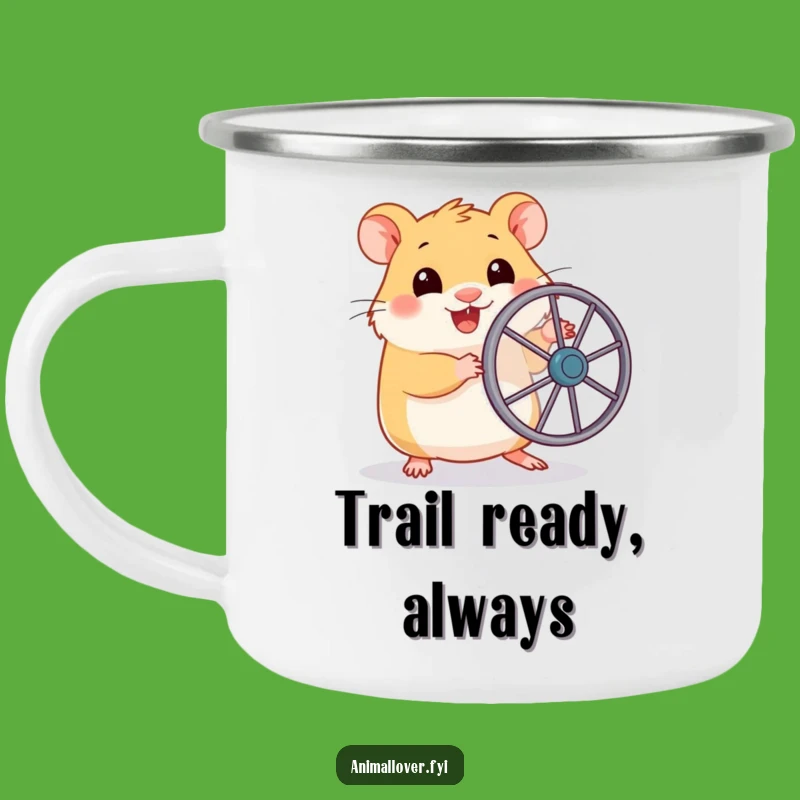 Funny Hamster Running Wheel Camping Mug: Rugged & Humorous Pet Adventure Gear