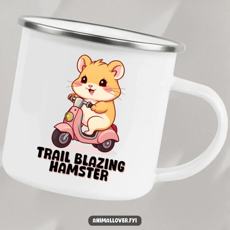 Funny hamster character sipping from a camping mug while on a scooter, ready for the wild, a funny outdoor gift.