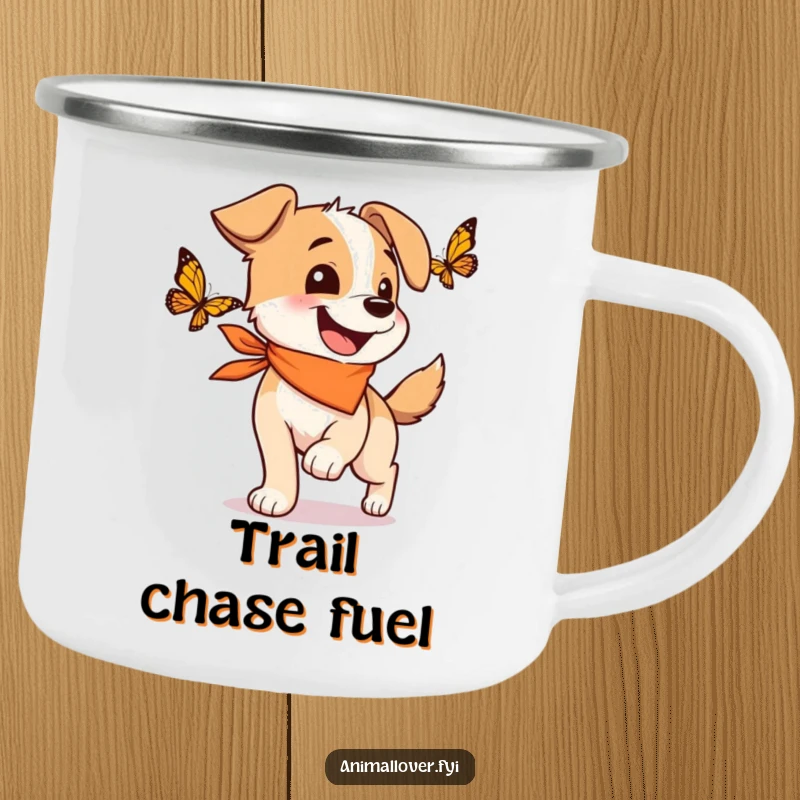 Funny camping mug featuring a happy dog wearing a bandana, wagging its tail while chasing a butterfly outdoors.