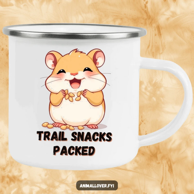 Funny joyful hamster camping mug stuffing its cheeks with tiny seeds, ideal for drinks during snack-filled outdoor escapades.