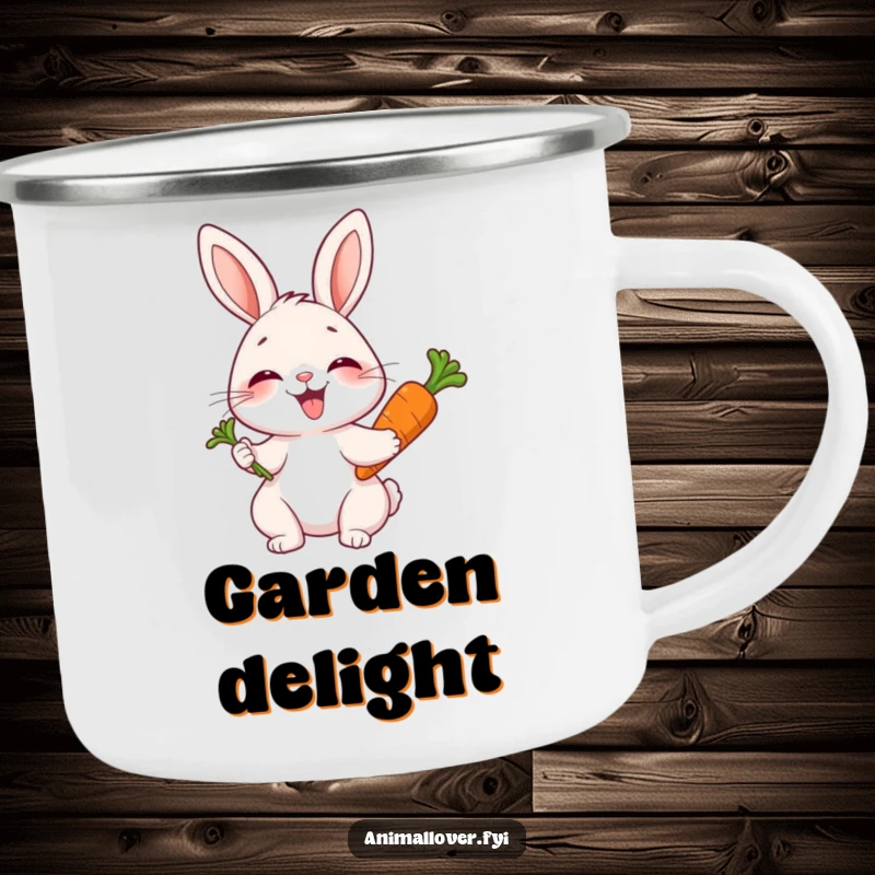 Funny camping mug with a joyful rabbit giggling while holding a carrot, perfect for outdoor enthusiasts.