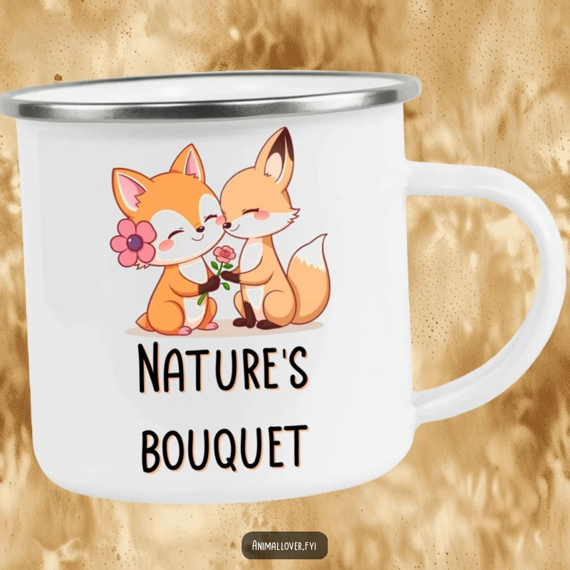 Funny camping mug with a smiling fox offering a flower to another animal, perfect for outdoor enthusiasts.