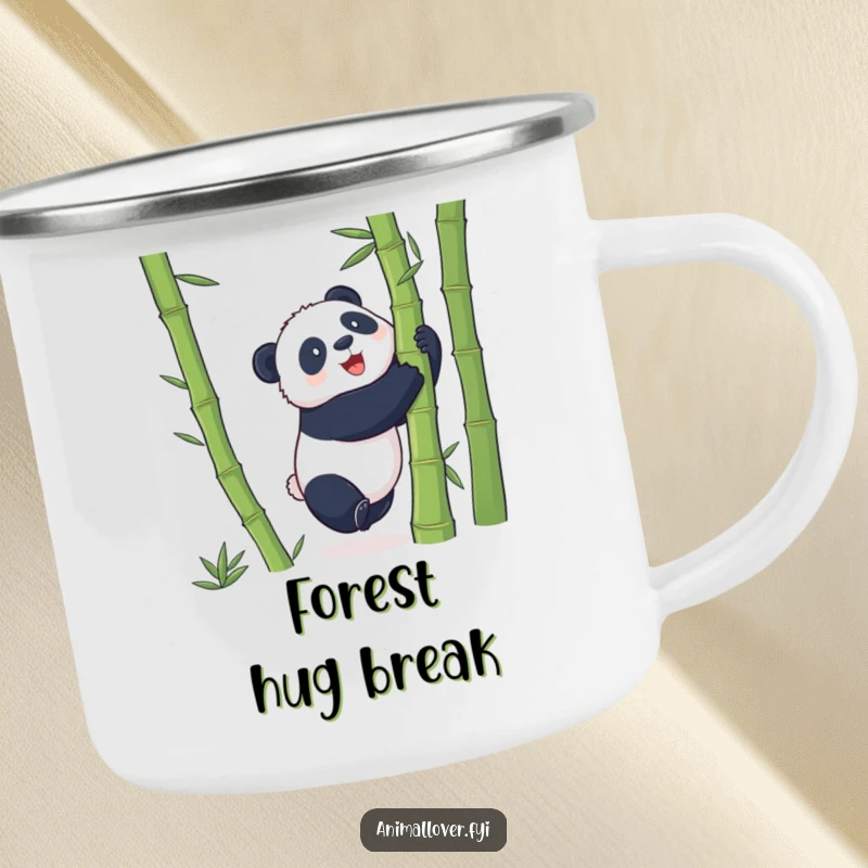 Funny Camping Mug showing a playful panda hugging a giant bamboo stalk, perfect for outdoor excursions.
