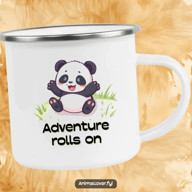 Funny Panda Cub Rolling Camping Mug featuring a joyful panda cub tumbling down a hill, perfect for enjoying drinks outdoors.