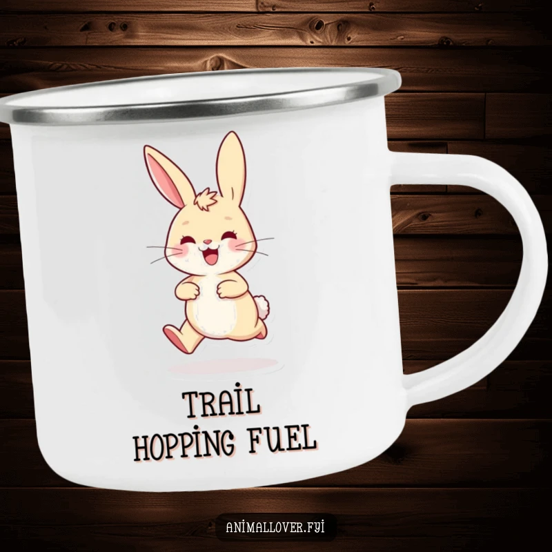 Funny playful rabbit camping mug hopping excitedly with ears perked high, ideal for drinks during outdoor escapades.