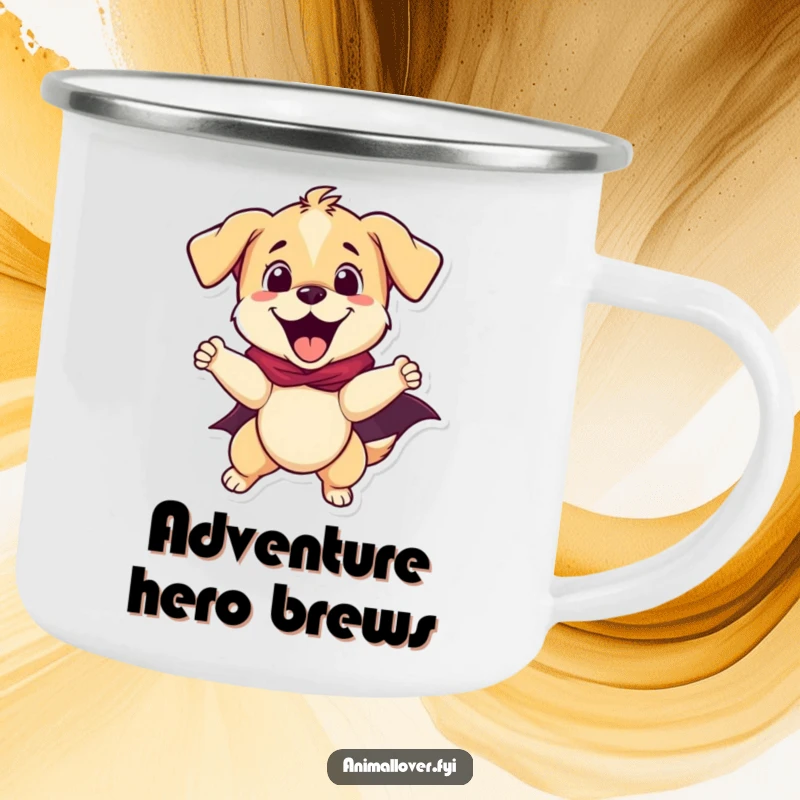 Funny puppy superhero enjoying coffee from a camping mug, ready for outdoor challenges, a funny gift.