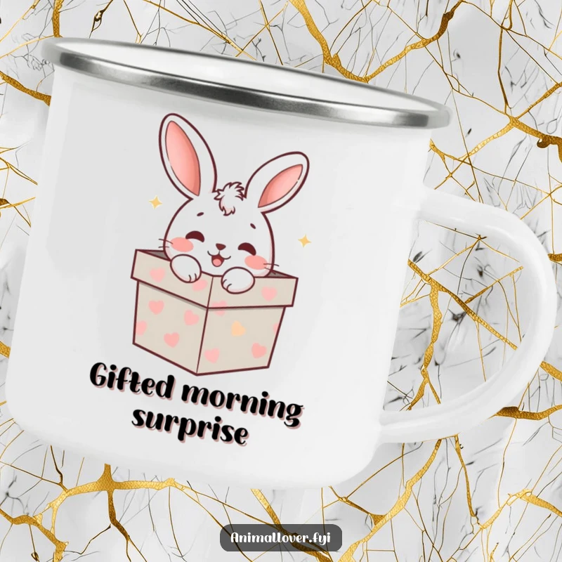 Funny rabbit peeking from a gift box on a camping mug, a delightful and funny companion for outdoor trips.