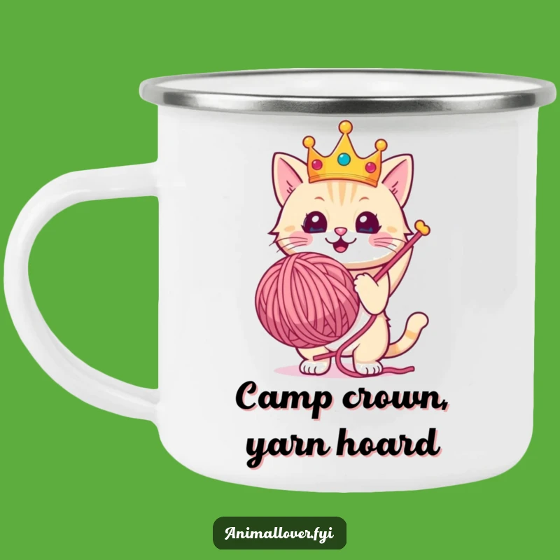 Funny Royal Cat Camping Mug: Crowned Yarn Conqueror, Durable Funny Outdoor Gift!