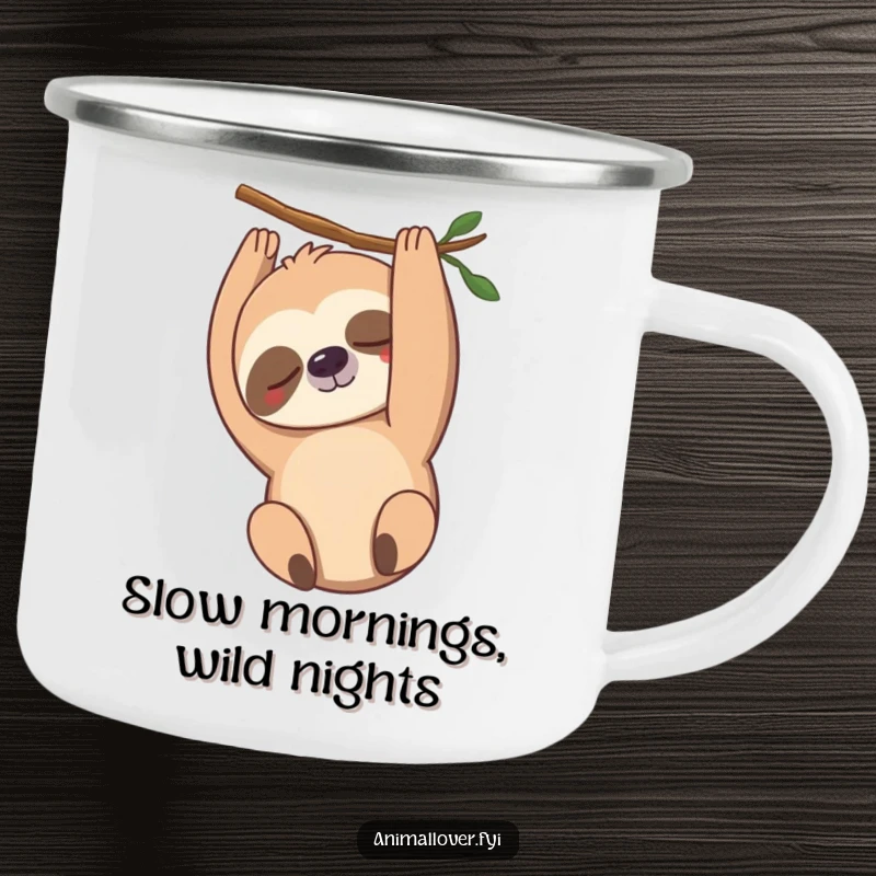 Funny sloth camping mug featuring a gently smiling sloth hanging upside down, ideal for enjoying drinks during outdoor adventures.