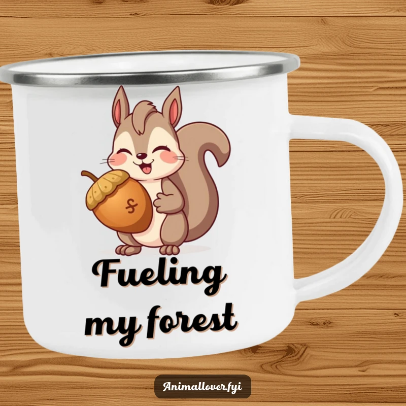Funny Squirrel Winking Camping Mug featuring a squirrel with a giant acorn and a wink, perfect for enjoying drinks outdoors.