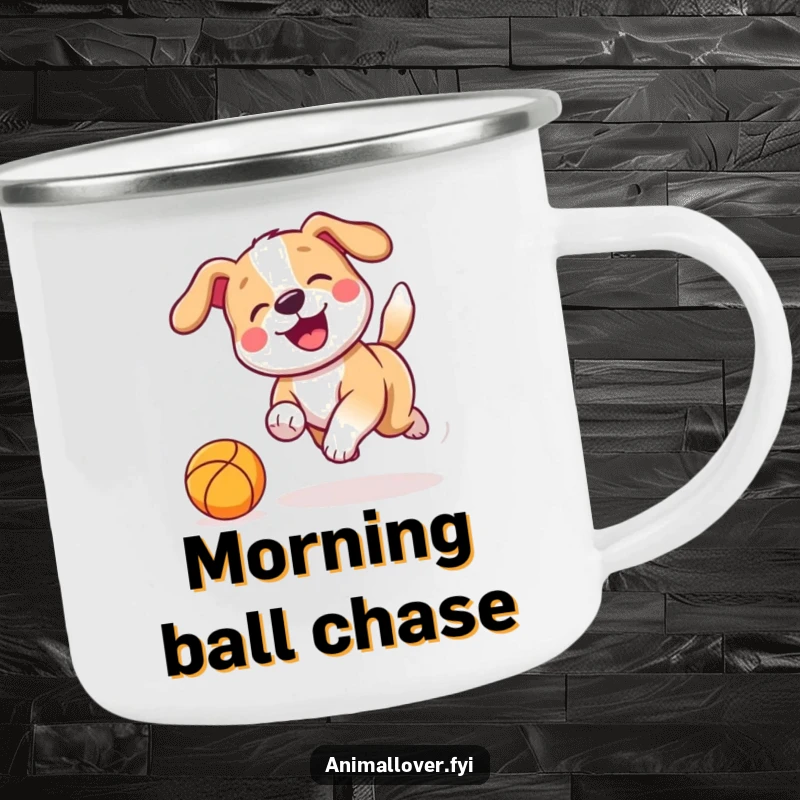 Funny Camping Mug illustration of a playful dog with a wagging tail chasing a bouncing ball, ready for outdoor fun.