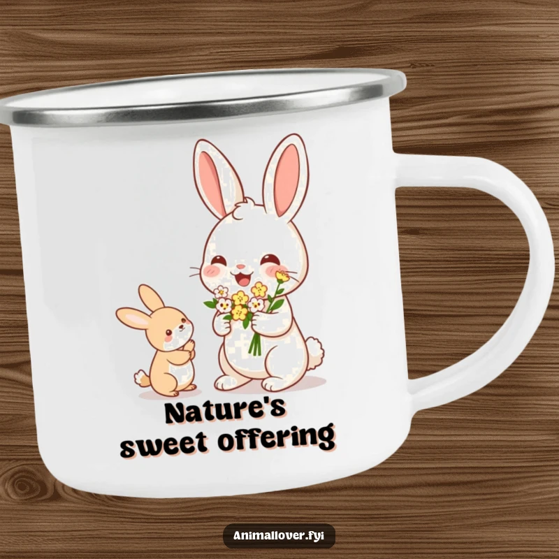 Funny Rabbit Camping Mug: Enamel mug with a cheerful rabbit offering a bouquet of tiny flowers, perfect for outdoors.