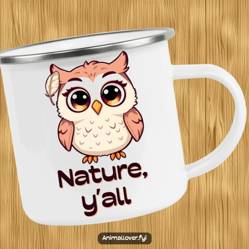 Funny owl camping mug with a startled bird, huge eyes reacting to a floating feather. Durable, humorous outdoor gear.